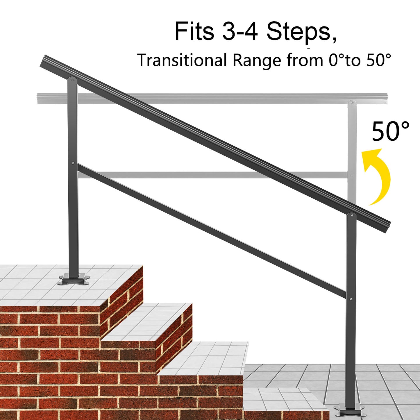 Main courante réglable en fer forgé, capacité de charge de 165 lb, rampe d'escalier en métal (noir mat)