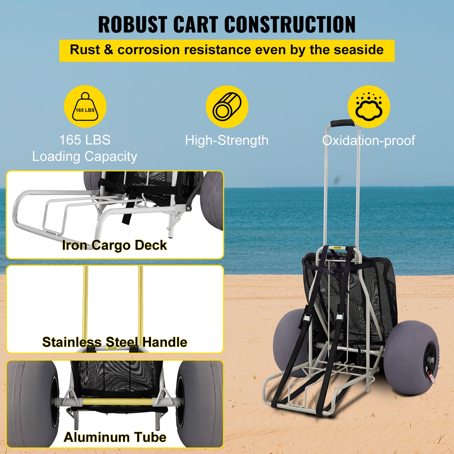 VEVOR Beach Cart w/ 12" Wheels 165lbs Load Capacity Adjustable Height