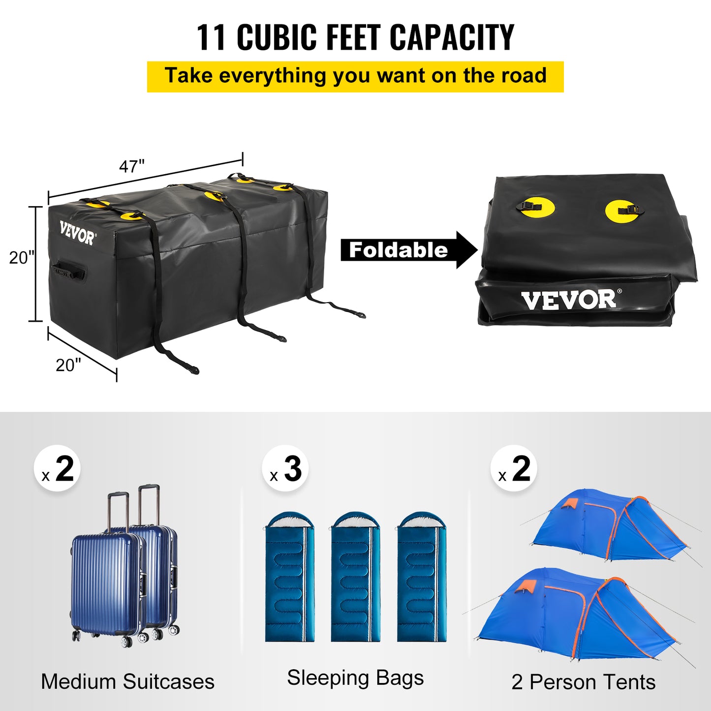 Sac de transport de fret étanche pour attelage avec bandes, PVC 840D robuste de 22 pieds cubes