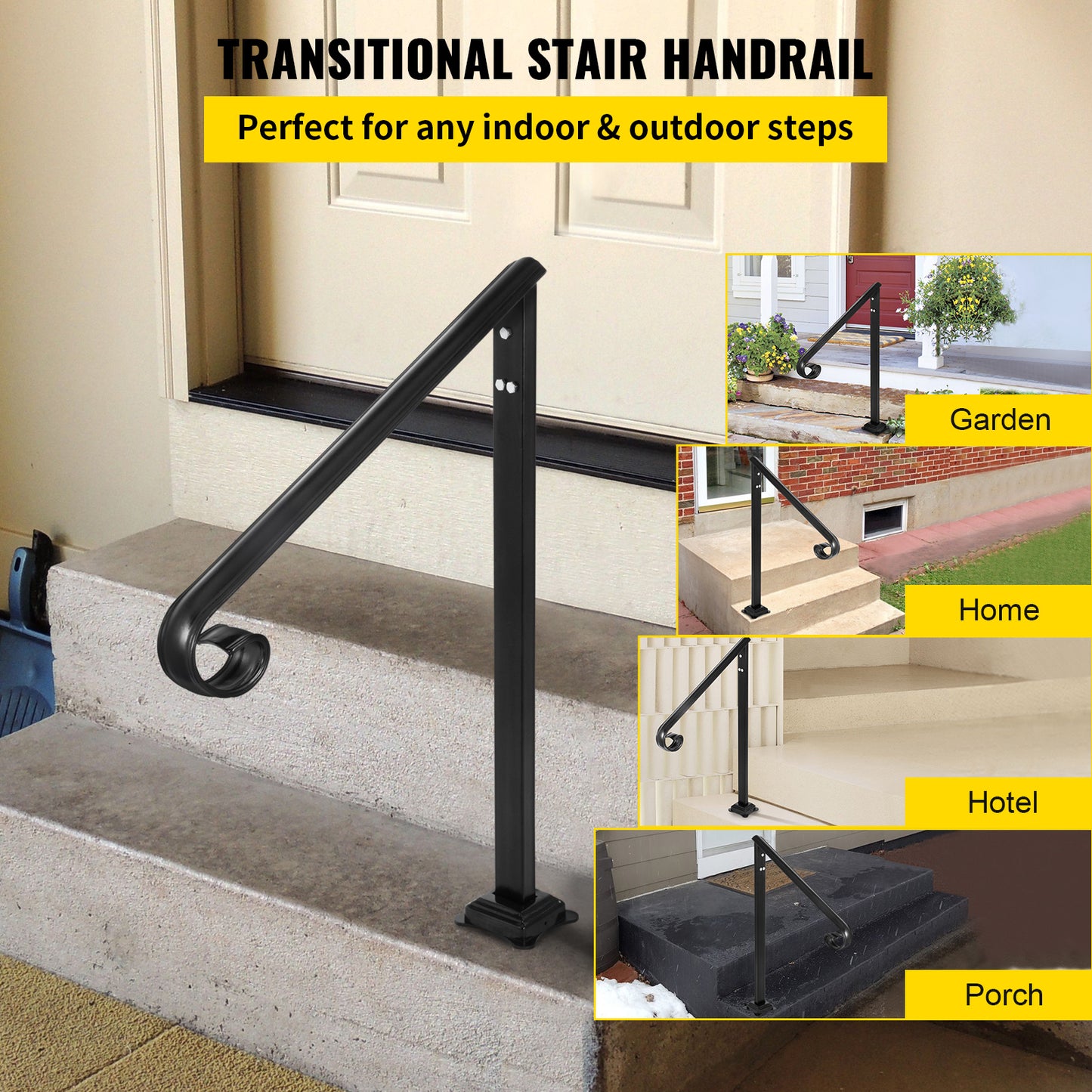 Outdoor Handrails 1/2/3 Step Iron Railings for Stairs & Garden, Black, Pipe Style - 50" L