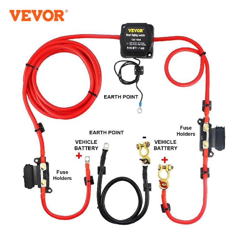 Split Charge Relay Kit, 12V, 140AMP, 5M battery cable, Nylon, Red