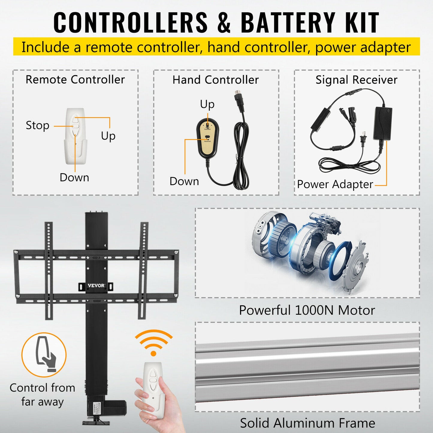 Motorized TV Lift with Remote Control DC Motor, 500-1000mm Stroke, Plasma LCD Mount Bracket