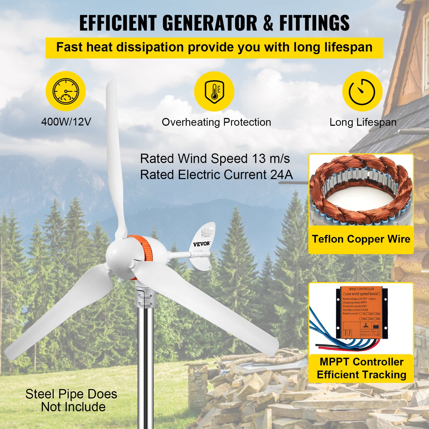 Wind Power Generator 500W AC MPPT Blades Auto Adjust