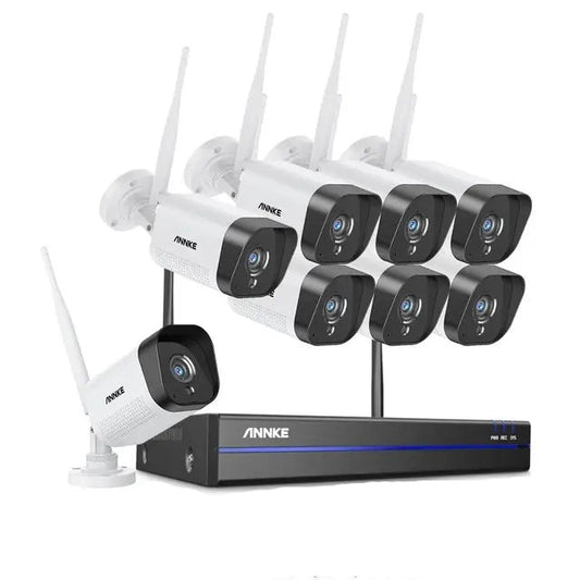 Outdoor surveillance camera, 8pcs, 5MP, Wireless NVR, WiFi, AI Detection, Night Vision, White