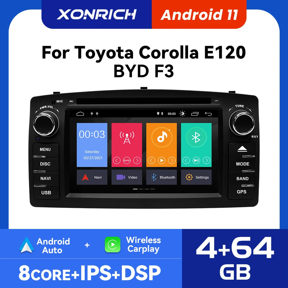 Wireless Carplay Android 12 DVD Player  Toyota Corolla E120 BYD F3, 4GB 64GB, GPS Navigation DSP RDS Radio DVR, Black, 2Din, Multimedia.