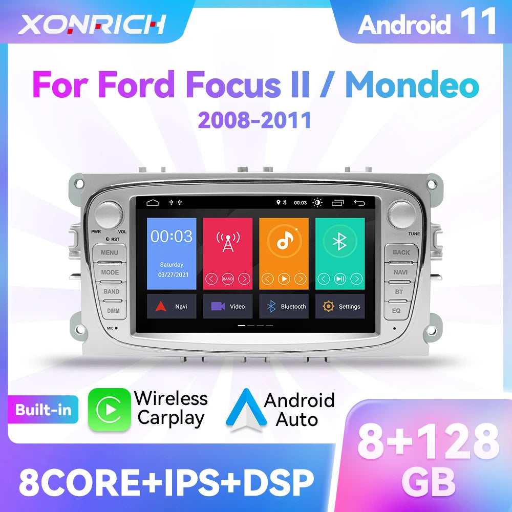 Radio multimédia de voiture sans fil Carplay Android 11 Ford Focus 2 3 mk2 Mondeo 4 Kuga Fiesta Transit Connect S-MAX C-MAX Galaxy 8Core 4 Go 64 Go, noir, taille unique