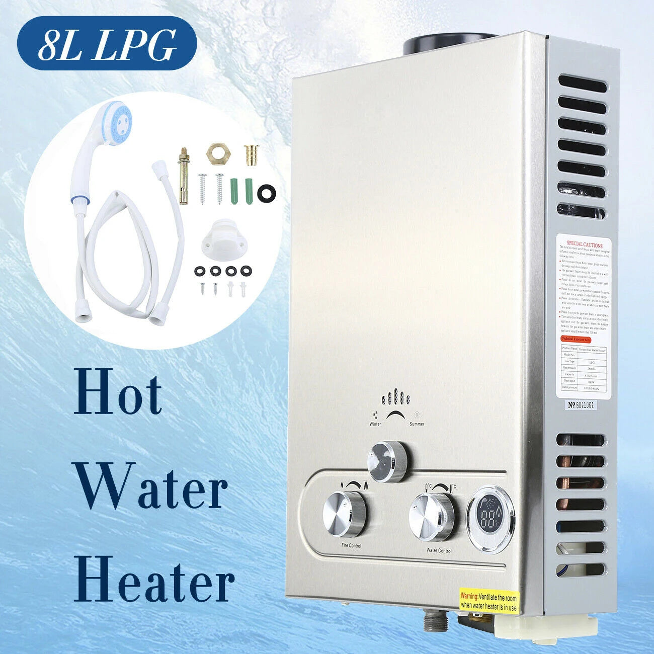 Instant Heater, 8L, 16KW, LPG, 2800Pa, Stainless Steel, Silver