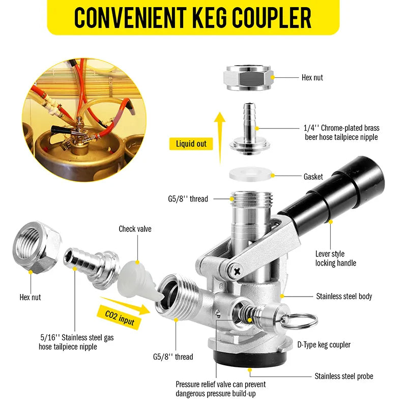 Beer Pump, Stainless Steel, Dual Faucet, Co2 Regulator, Silver