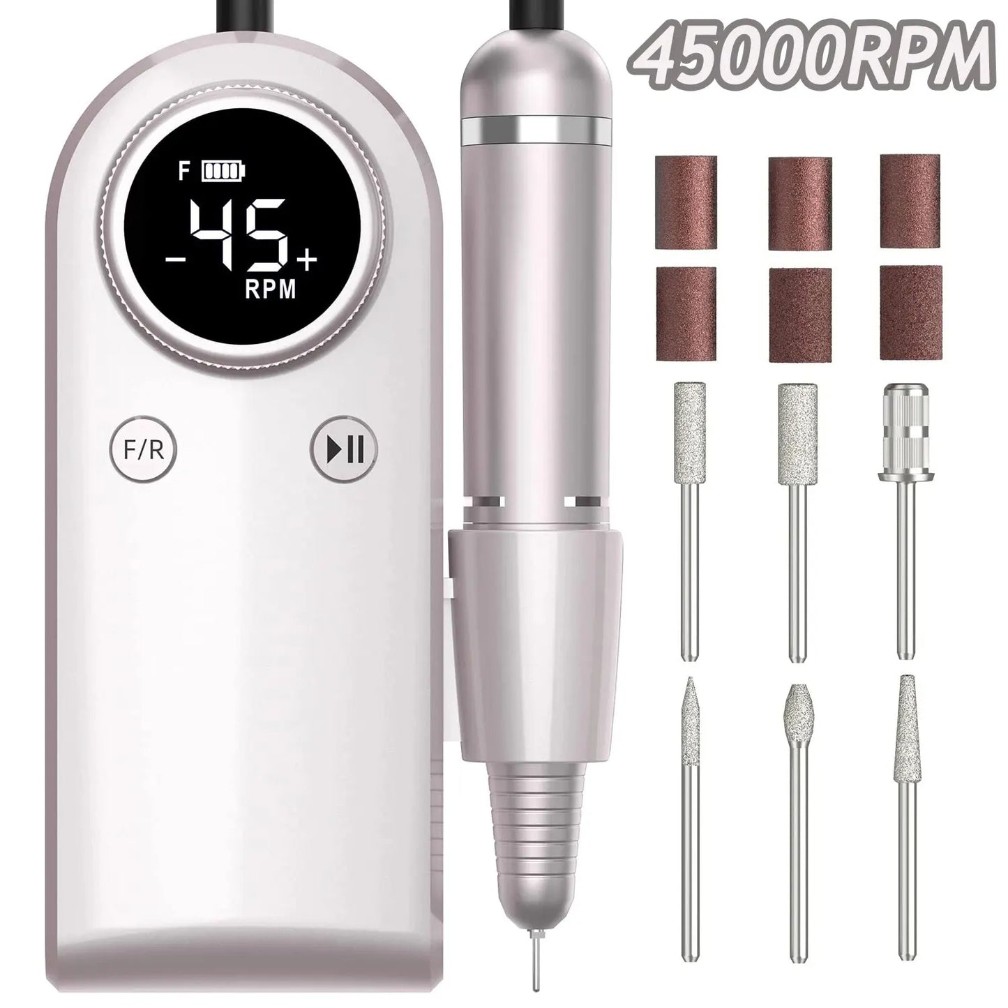 Electric File, 45000rpm, Rechargeable, LCD Display, Portable, Silver