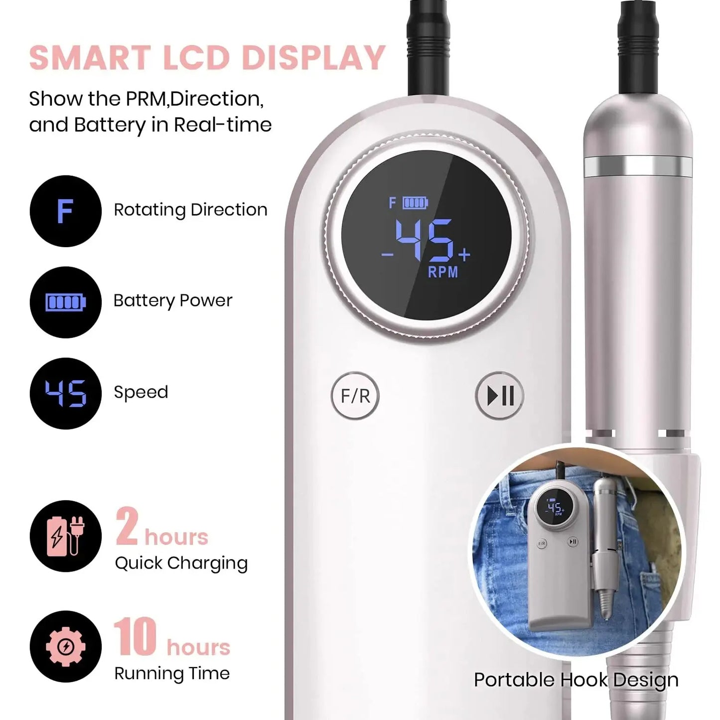 Electric File, 45000rpm, Rechargeable, LCD Display, Portable, Silver