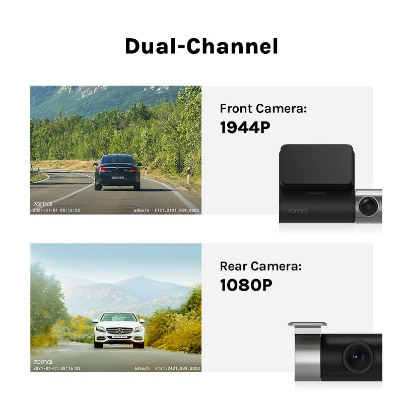 DVR Car Camera, Front and Rear, 64GB SD Card, Wifi, 2592x1944, 140 Rotation, Black