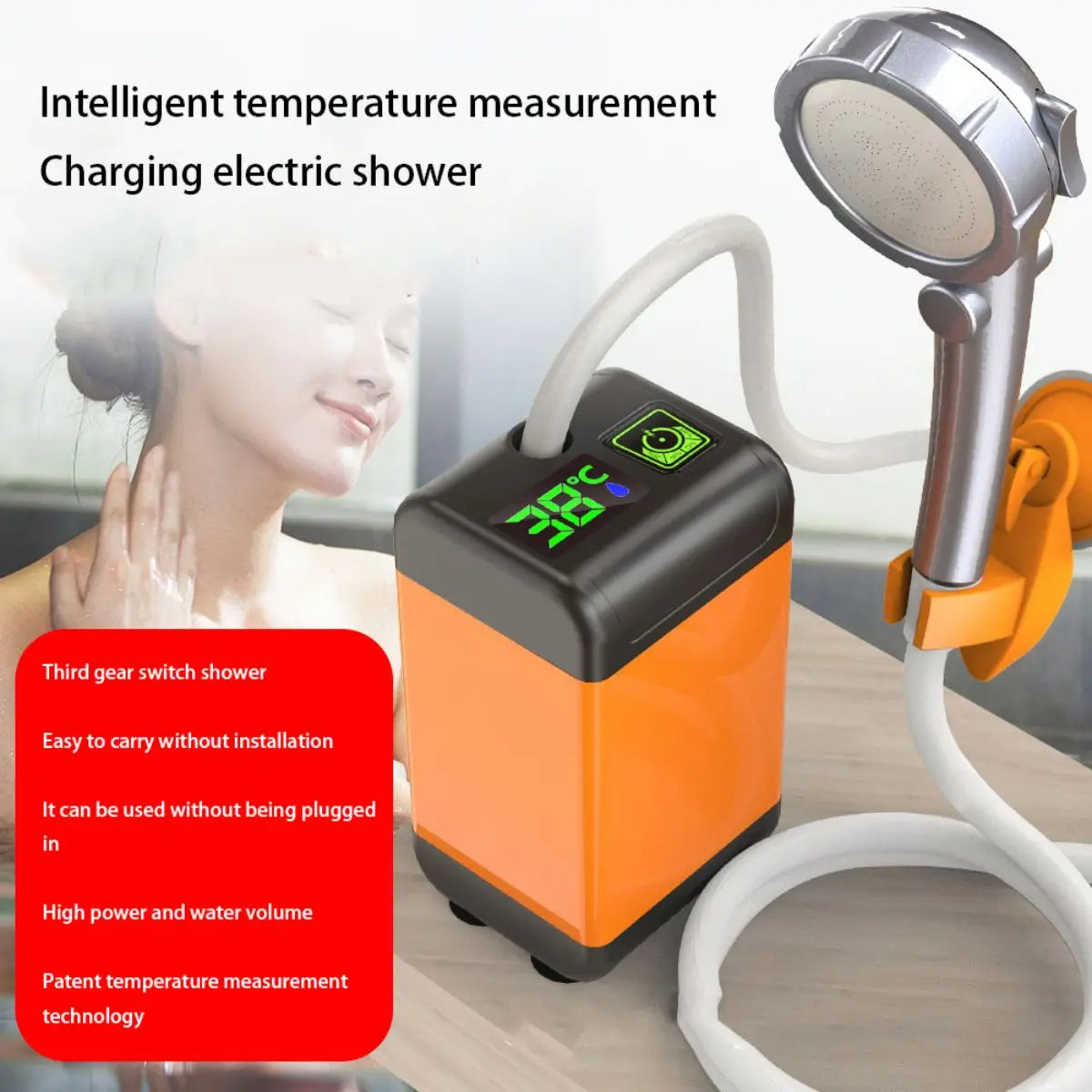 Shower, For Camping, Digital Display, Electric, ABS, Orange