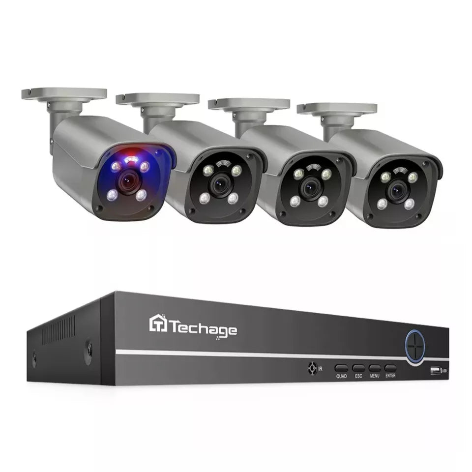 Sistem de camere de securitate, Techage, 8CH, 6 Bullet Camera, 5MP, HD, Audio bidirecțional, gri