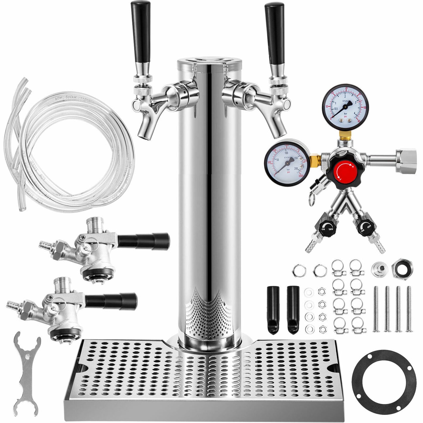 Beer Pump, Stainless Steel, Dual Faucet, Co2 Regulator, Silver