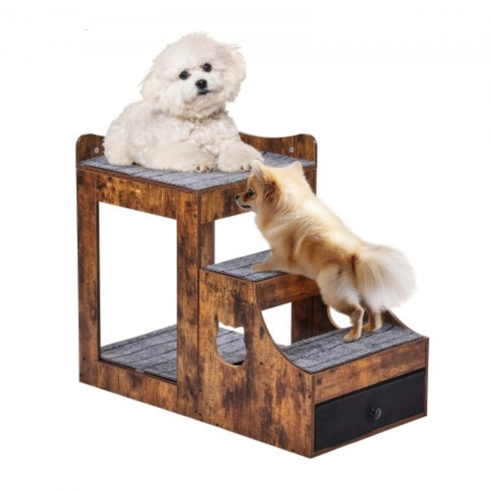 Pet Bunk Bed, Multi-Level Bed with Storage, Dog Window Perch with Removable Stairs, Brown