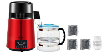 Water Distiller, 1 L/H Distilling Speed, Temperature & Time Settings, Glass Container, Red