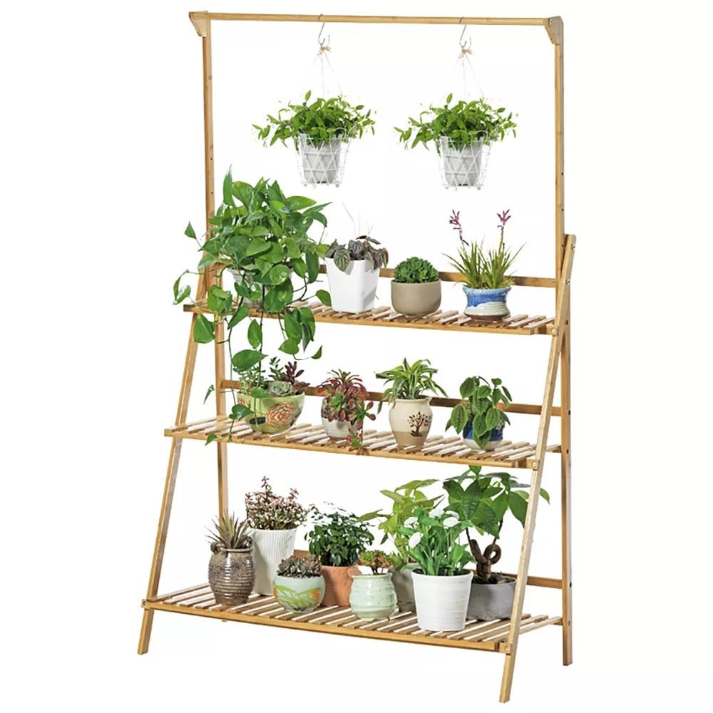 Plantenrek - Plantenrek Bamboe - Plantentafel - Plantenstandaard - Plantenrek met Ophangfunctie - Bloemenrek - Plantentrap - Planten Stand - Bamboe