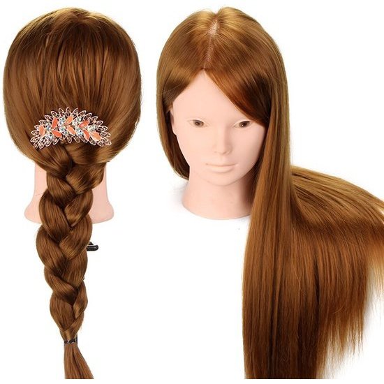 Tête de coiffure -Tête de formation professionnelle - Maquillage, Coiffure, Mannequin - 60% Vrais Cheveux - Longueur 56 cm - Incl. Pince de table - Femelle - Marron/Rouge