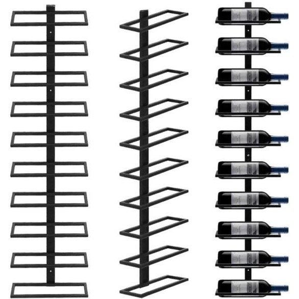 Flanner Wijnrek | 10 laags | Voor 10 flessen | Metaal | Wandmontage | Wijnopslag | Muur | Zwart | Hangend