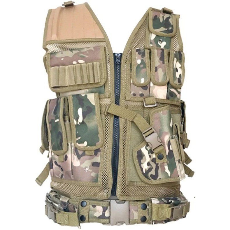 Gilet tactique militaire | Airsoft | Combattre | Agression | Extérieur | Gilet de chasse | Camouflage | Ajustable | avec ceinture tactique