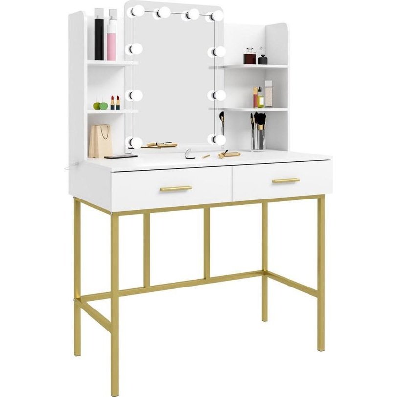 Luxe Make-Up Tafel met Spiegel met Verlichting | 2 lades | Wit en Goud | Kaptafel