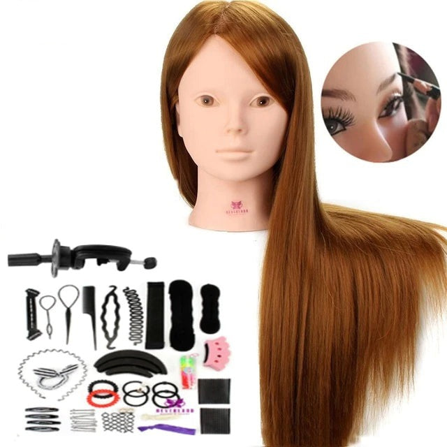 Tête de coiffure -Tête de formation professionnelle - Maquillage, Coiffure, Mannequin - 60% Vrais Cheveux - Longueur 56 cm - Incl. Pince de table - Femelle - Marron/Rouge