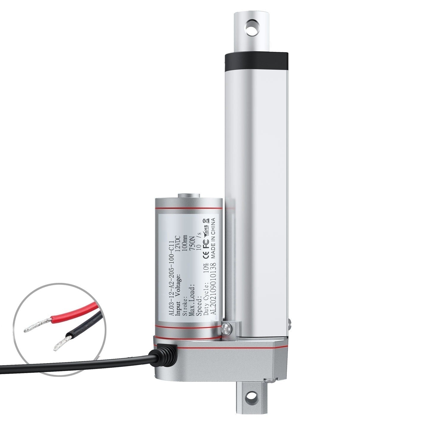 Actuator liniar, 12 V, 30 W, 100 mm, 140 kg, 10 mm/s, aluminiu, alb