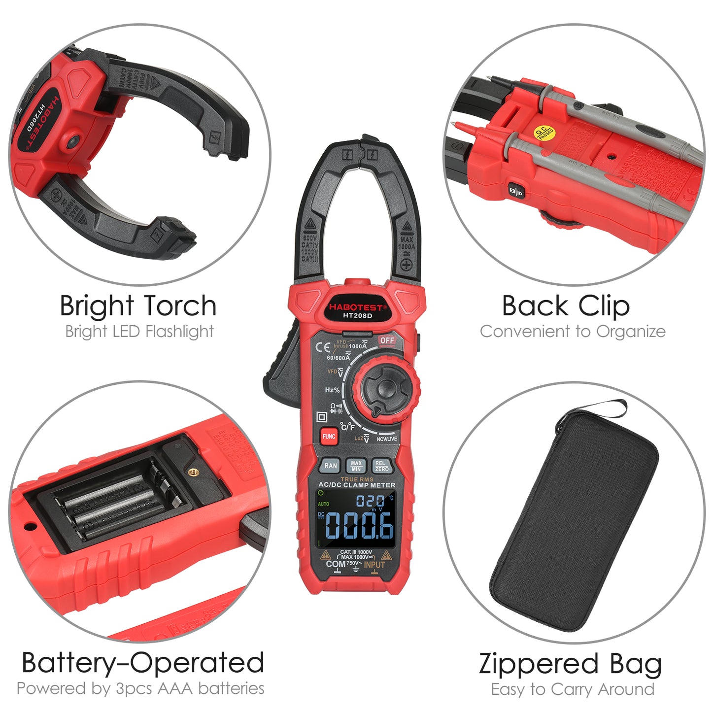 Digital Clamp Meter HT208D AC/DC True-RMS Auto-Ranging