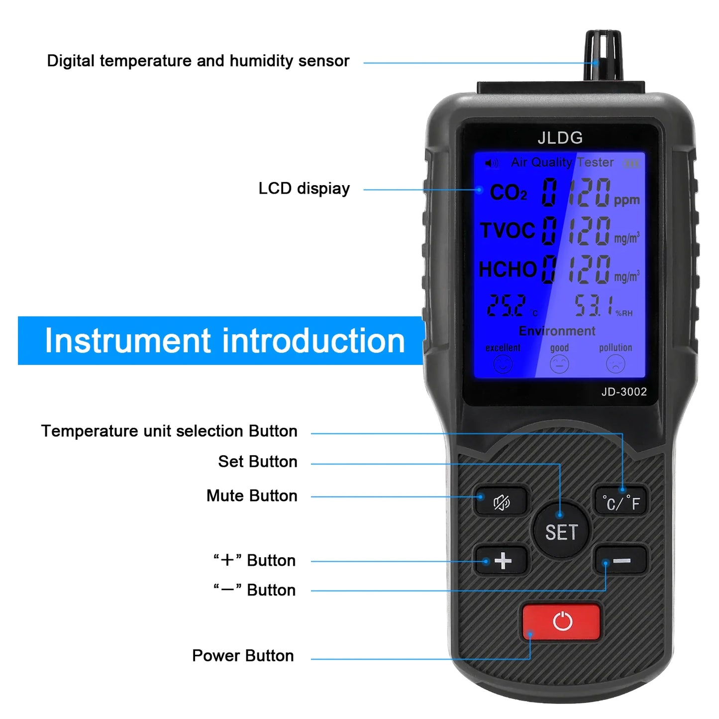 Appareil de mesure de la qualité de l'air, portable, Co2, intérieur, noir