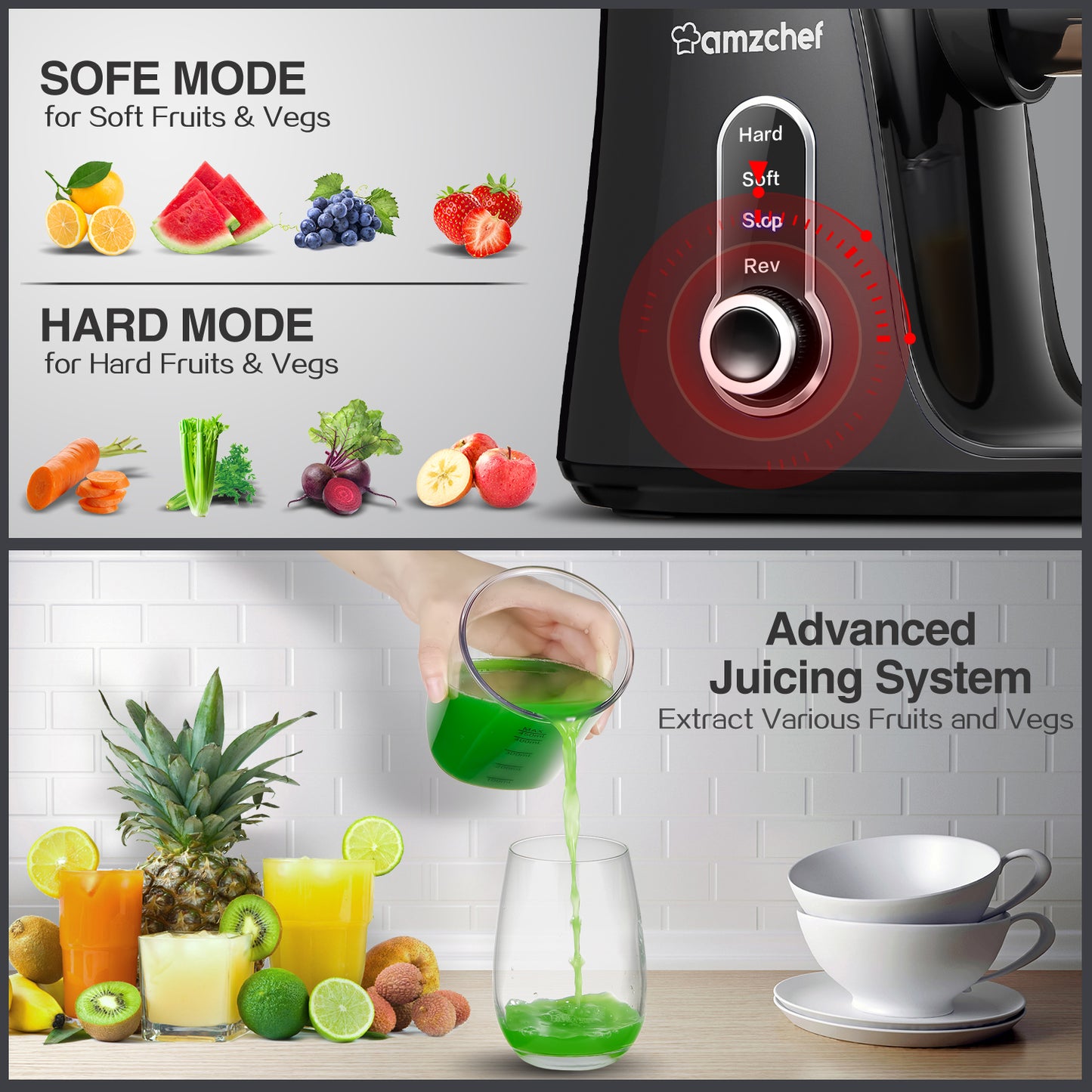 GM3001 Slow Juicer,150W,2 Speeds,LED,Stainless Steel,Tritan,500ml,60dB