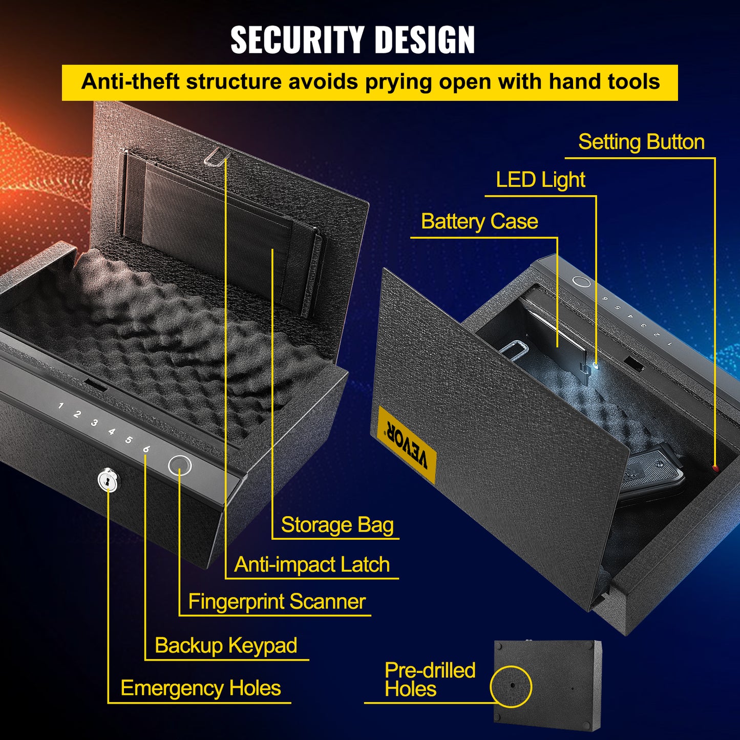 Seif biometric pentru pistol cu amprentă digitală, cutie de oțel de 4 litri, acces rapid