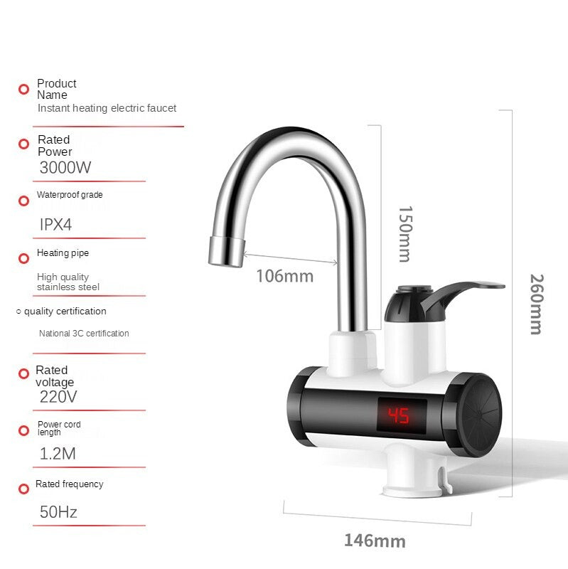 Elektrische Kraan | Boiler | 3000W | 360 graden draaibaar | Kraan | Voor keuken en badkamer | LCD Display