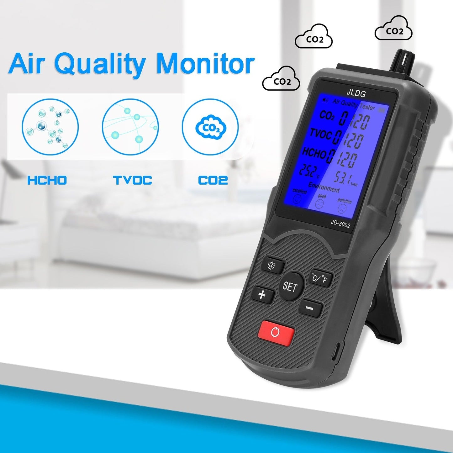JLDG Air Quality Tester - CO² Meter - VOC Meter - Formaldehyde Meter - 3-in-1 - Draagbaar - LCD Display