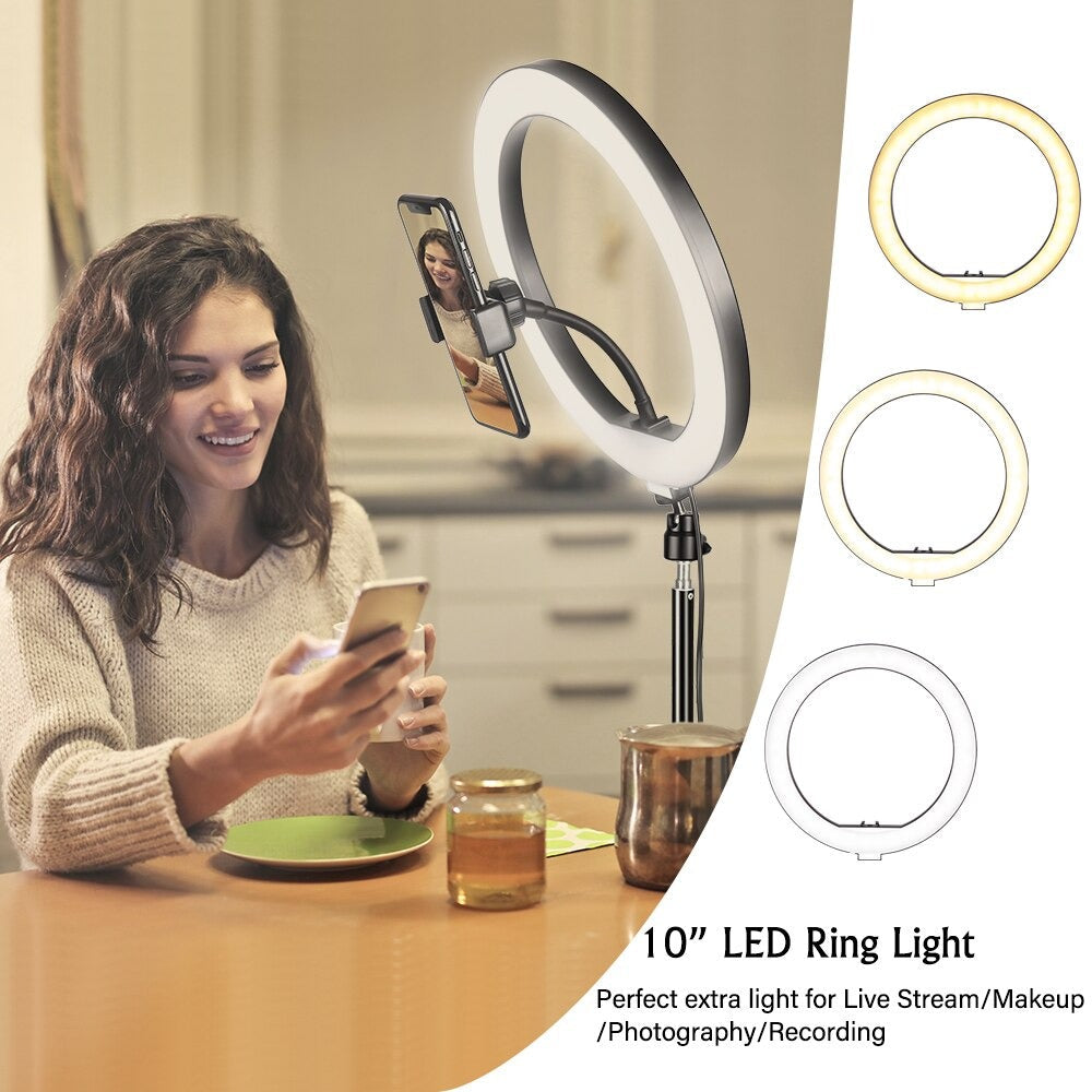 Anneau lumineux LED – Anneau lumineux pour selfie – avec trépied, 10 pouces – avec 3 modes de couleur et 11 luminosité, alimenté par USB, support de téléphone – pour diffusion en direct, maquillage, YouTube, Tiktok Vlog et photographie