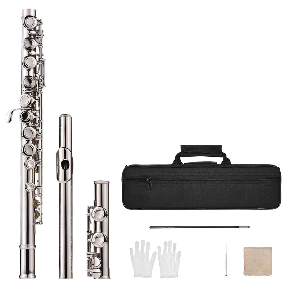 Flute, 16 Holes, Stainless Steel, Bag and Gloves, Silver